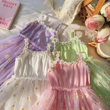 Girls Casual Dresses Little Daisy Flower Mesh Dress for Girls Summer Camisole Pompadour Dress Girls Clothes for2 To 7 Years 3