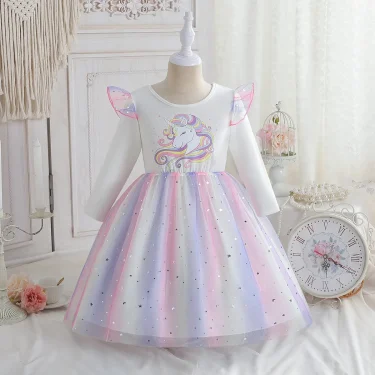 2025 New Princess Dress Unicorn Girls Dress Spring Kids Clothes Birthday Party Dress Long-sleeved for Children Rainbow 2-8Y 2