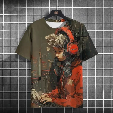 Japanese T-Shirt For Men Mechanical Character Graphic T Shirts Short Sleeve Printing Tees Outdoor Oversized Men's Clothing Tops 6