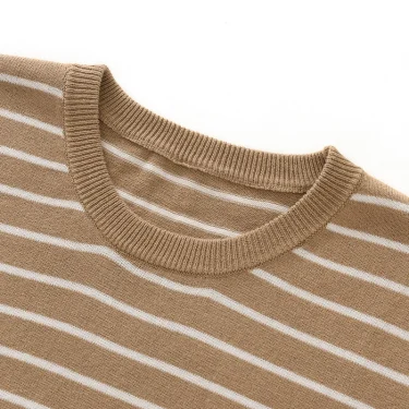Men's Short Sleeved 100% Cotton T-Shirt Sweater Round Collar Color Stripe Tees Pullover Knitted Clothing Casual Summer Tops 5