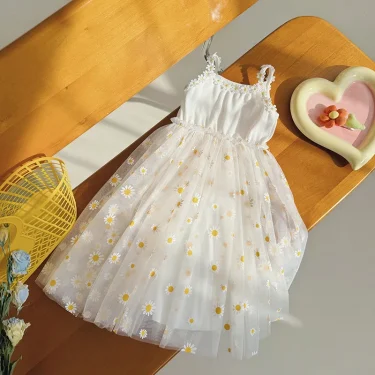 Girls Casual Dresses Little Daisy Flower Mesh Dress for Girls Summer Camisole Pompadour Dress Girls Clothes for2 To 7 Years 5