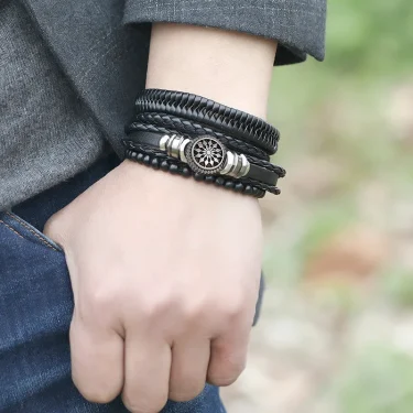 Modyle 4pcs/ set Adjustable Leather Bracelets for Men Braided Black Brown Bangle Life Tree Leaf Rudder Charm Bracelet Gift 2