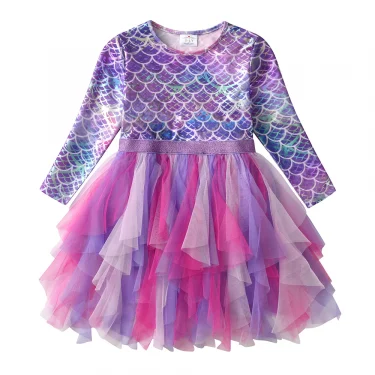DXTON Autumn Princess Dress Mermaid Children Birthday Party Girls Dress Irregular Layered Prom Kids Long Sleeve Costumes 3-8Y 4