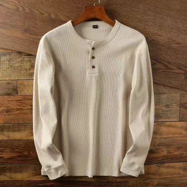 Slim Fit Mens Basic Tee Casual Tshirts Henley Waffle Long Sleeve Shirts Thermal Solid Half Button Breathable 100% Cotton Shirts 1