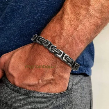 Mens Chunky Byzantine Bracelets,Retro Grey 8mm Stainless Steel Braided Link Wristband,Vintage Jewelry Gift for Him Boy 1