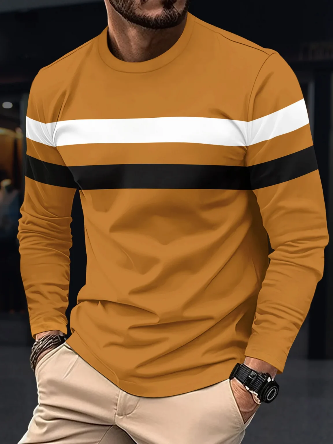 New striped men's long sleeved T-shirt with autumn round neck simple pure cotton fashion slim fit comfortable and oversized tops 6