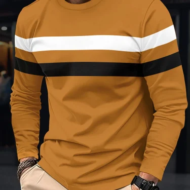 New striped men's long sleeved T-shirt with autumn round neck simple pure cotton fashion slim fit comfortable and oversized tops 6