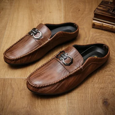 Designer Men Slippers Luxury Leather Casual Shoes for Men Breathable Soft Soled Loafers Fashion British style Men Half Slippers 1