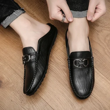 Designer Men Slippers Luxury Leather Casual Shoes for Men Breathable Soft Soled Loafers Fashion British style Men Half Slippers 4