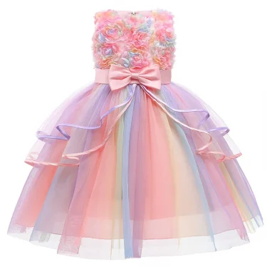 1 2 3 4 5 6 8 10 Years Flowers Baby Girls Dress Summer Rainbow Mesh Little Princess Dress Piano Performance Costume Kids Clothes 4
