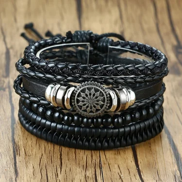 Modyle 4pcs/ set Adjustable Leather Bracelets for Men Braided Black Brown Bangle Life Tree Leaf Rudder Charm Bracelet Gift 1