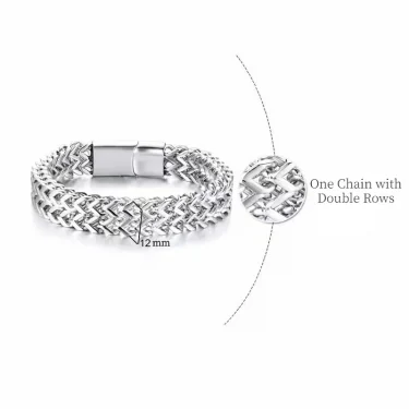 Stainless Steel Double Row Chain Bracelet with Magnetic Buckle for Men Motorcycle Riding Hip-Hop Rock Trend Jewelry Gift 4
