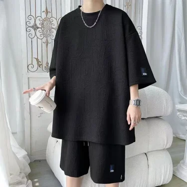 2025 3D Men's new Waffle TZ30 Summer Suit Casual T-shirt + Shorts Suit Men's Tracksuit Solid color tracksuit loose suit 2