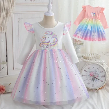 2025 New Princess Dress Unicorn Girls Dress Spring Kids Clothes Birthday Party Dress Long-sleeved for Children Rainbow 2-8Y 1