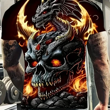 Mens Dragon Print Cotton Blend T-shirt - Stylish Crew Neck Comfortable & Breathable for Summer Casual Everyday Wear Hot Sale 1