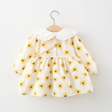 2Piece Spring Fall Toddler Girl Clothes Set Korean Cute Doll Collar Long Sleeve Print Flowers Dress+Bag Newborn Baby Dresses 074 2