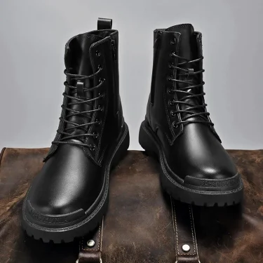 Men High Top Boots Fashion Motorcycle Boots Casual Leather Boots for Men Waterproof Work Boot Lace Up Platform Boot Botas Hombre 2