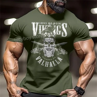 Men T-Shirt Gym Training Sportswear T-Shirt Skull Print Retro Oversized T-Shirt Casual Streetwear Tops Round Neck TeeMen Clothes 5