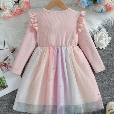 Girl's Long Sleeved Bow Dress 2-6Y Fashion Thin Children's Starry Sky Sequin Mesh Dress Spring Autumn Kid's Clothing 2