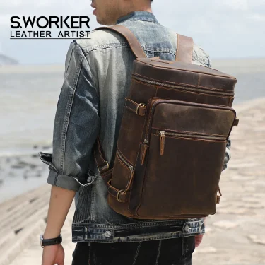 Vintage Genuine Leather Backpack Laptop Bag Crazy-horse Leather School Bag Outdoor Travel Weekender Shoulder Bag 1