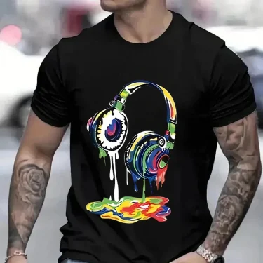 Summer Men's Oversized Clothing Hip Hop Melting Headset Graphic Tee Shirt Men Casual Streetwear Funny Printed Tops Cool T-shirt 1