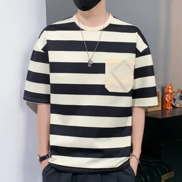 Casual Short Sleeve T Shirt Men'S For 2025 Summer Tshirt Top Tees Striped Brand Fashion HIP HOP Clothes OverSize 3XL T-Shirt 2