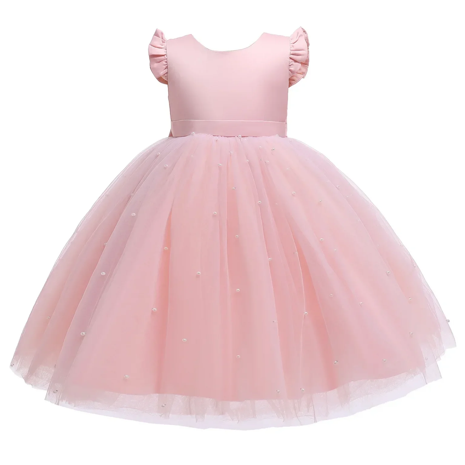 Summer Girl Flower Birthday Tulle Dress Backless Bow Wedding Gown Kids Party Wear Princess Pink Dress Baby Girl Bowknot Dresses 3
