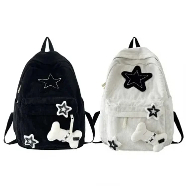 Y2K Girls Star Pattern Laptop Backpack Teen Student Large Capacity School Bookbag Corduroy Rucksack Double Strap Shoulder Bag 4