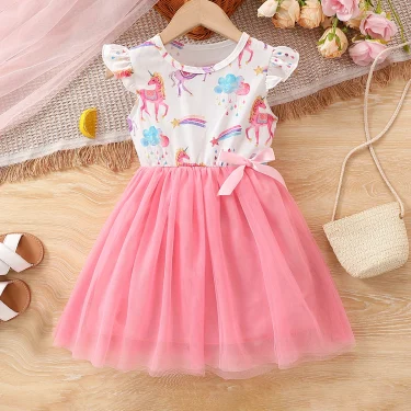 Summer Girls Dress For Kids 1-8 Years old Fashion Cute Cartoon Unicorn Ruffled Tulle Sleeve Princess Dresses For Holiday 1