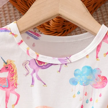 Summer Girls Dress For Kids 1-8 Years old Fashion Cute Cartoon Unicorn Ruffled Tulle Sleeve Princess Dresses For Holiday 3