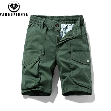 2025 Men Summer Solid Cotton Outdoor Cargo Leisure Shorts Men Drawstring Buttons Straight Loose Fashion Brand Short Male Pants 3