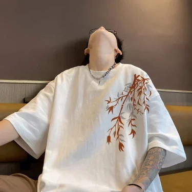 Men's Oversized T-shirts Mens Cotton T Shirt White 5XL Casual Summer Wear Fashion Bamboo Print Tee Shirts for Men Clothing 1