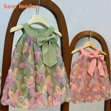 Bear Leader Girl Dress Summer New Girl Dress Princess Dress Little Girl Fashion Colorful Flower Yarn Dresses Kid Clothes 1