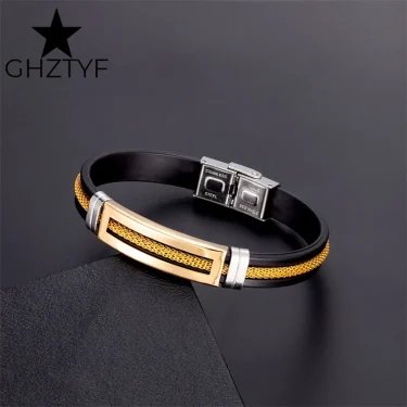 Golden Chain Stainless Steel Bracelets for Men Women Teens Black Rubber Belt Wristband Cuff Bangle Male Hand Jewelry Gifts 2