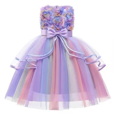 1 2 3 4 5 6 8 10 Years Flowers Baby Girls Dress Summer Rainbow Mesh Little Princess Dress Piano Performance Costume Kids Clothes 2