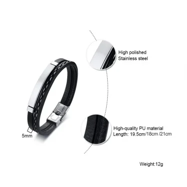 Vnox Unique Sew Lines Genuine Leather Bracelets for Men Women Stainless Steel Bar Layered Bangle Causal Pulseira 5