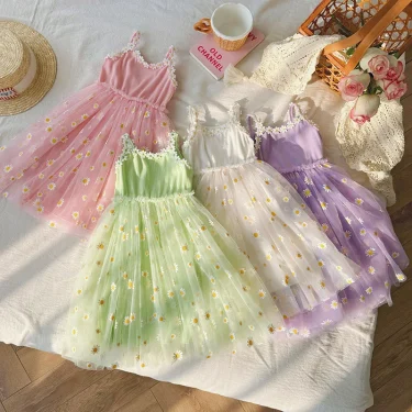 Girls Casual Dresses Little Daisy Flower Mesh Dress for Girls Summer Camisole Pompadour Dress Girls Clothes for2 To 7 Years 1