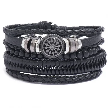 Modyle 4pcs/ set Adjustable Leather Bracelets for Men Braided Black Brown Bangle Life Tree Leaf Rudder Charm Bracelet Gift 6