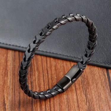 Stainless Steel Charms Bracelet Moroccan Arabic Jewelry Genuine Leather Pride Bracelets Man Black 1