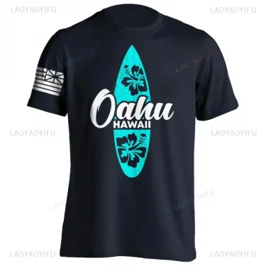 Men's Cotton Shirt OAHU HAWAII SURFING Distressed TShirt Unisex Surf Board Beach Tee Tops Summer Fashion Casual Short Sleeves 1