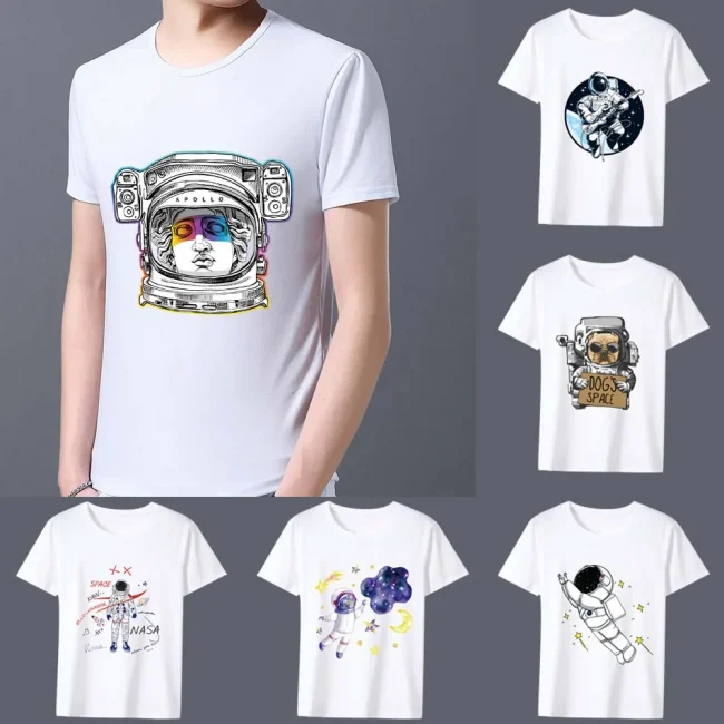 Men's T-shirt New Hot Sale Cartoon Astronaut Pattern Print Series Tee Shirt Summer Casual White Classic Male Short-sleeved Tops 1