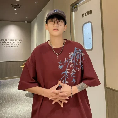 Men's Oversized T-shirts Mens Cotton T Shirt White 5XL Casual Summer Wear Fashion Bamboo Print Tee Shirts for Men Clothing 2
