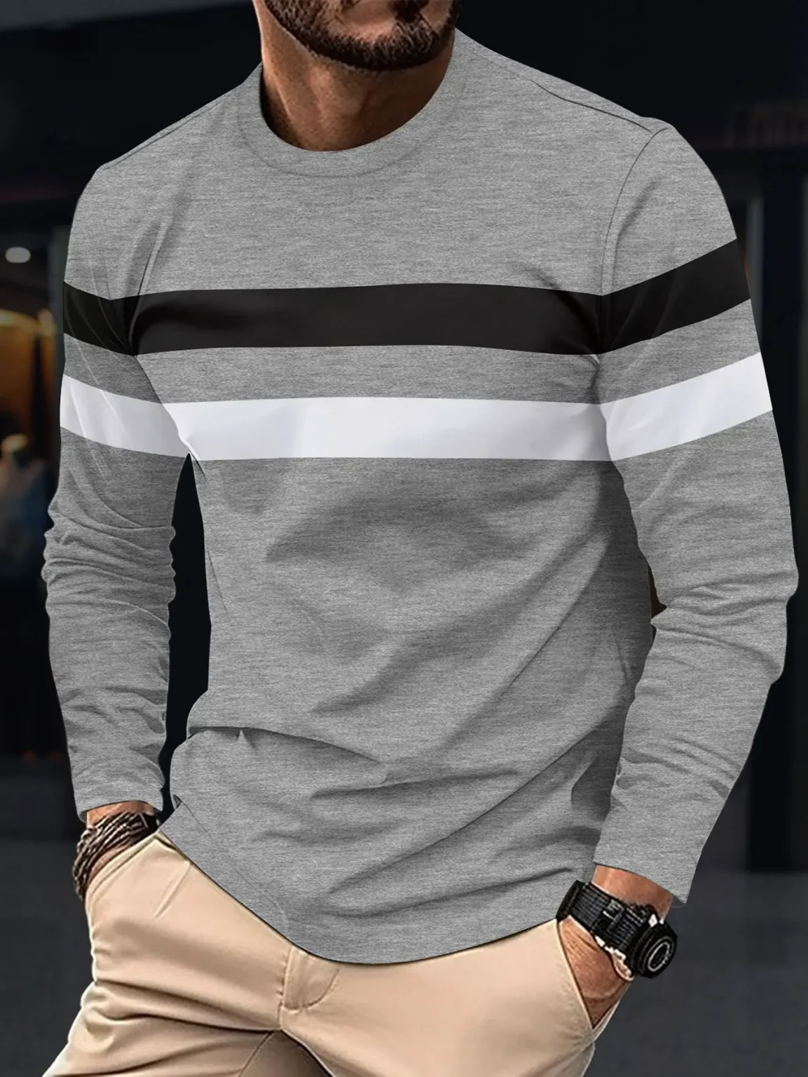New striped men's long sleeved T-shirt with autumn round neck simple pure cotton fashion slim fit comfortable and oversized tops 4
