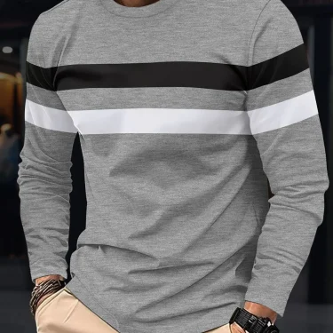 New striped men's long sleeved T-shirt with autumn round neck simple pure cotton fashion slim fit comfortable and oversized tops 4