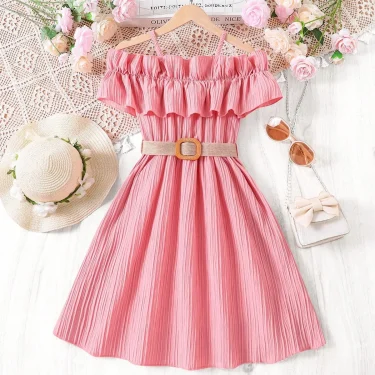 Girls Casual Dresses One-line Shoulder Strap Patchwork Lace Dress Kids Clothes Girls 8 To 12 Years Princess Dress for Girls 1