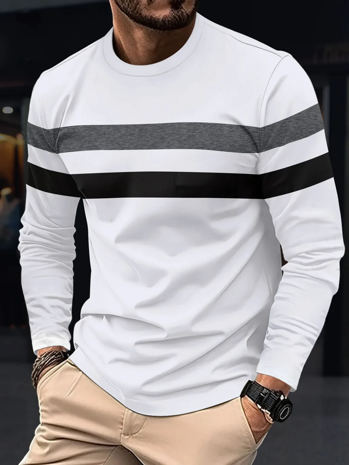 New striped men's long sleeved T-shirt with autumn round neck simple pure cotton fashion slim fit comfortable and oversized tops 5