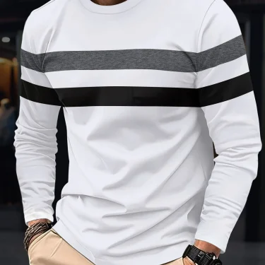 New striped men's long sleeved T-shirt with autumn round neck simple pure cotton fashion slim fit comfortable and oversized tops 5