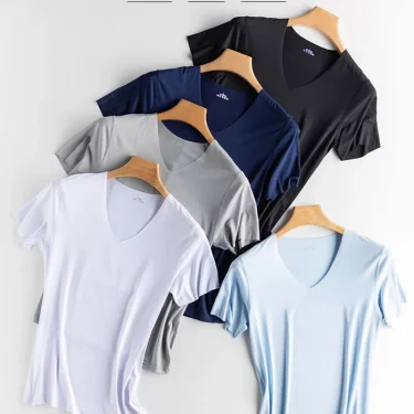 Summer Thin Ladies Ice Silk Seamless Short Sleeve V-neck T-shirt Basic Cotton Tee Men Inside Slim Half Sleeve Tees M-5XL 6