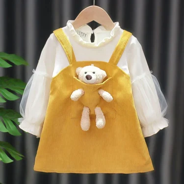 Kid Girl Dress Princess Dress Pocket Bear Gift Birthday Party Children Puff Long Sleeve Toddler Girl Clothes Teen Baby Suit A830 4