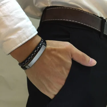 Vnox Unique Sew Lines Genuine Leather Bracelets for Men Women Stainless Steel Bar Layered Bangle Causal Pulseira 1